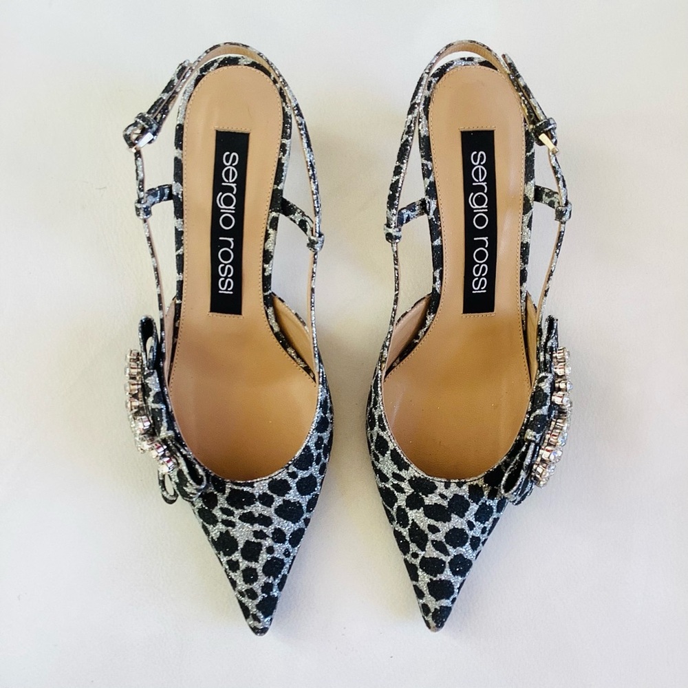 Sergio Rossi Metallic Silver/Black Leopard Pointed Kiten Heel Slingback Pump 6.5 - Picture 3 of 9